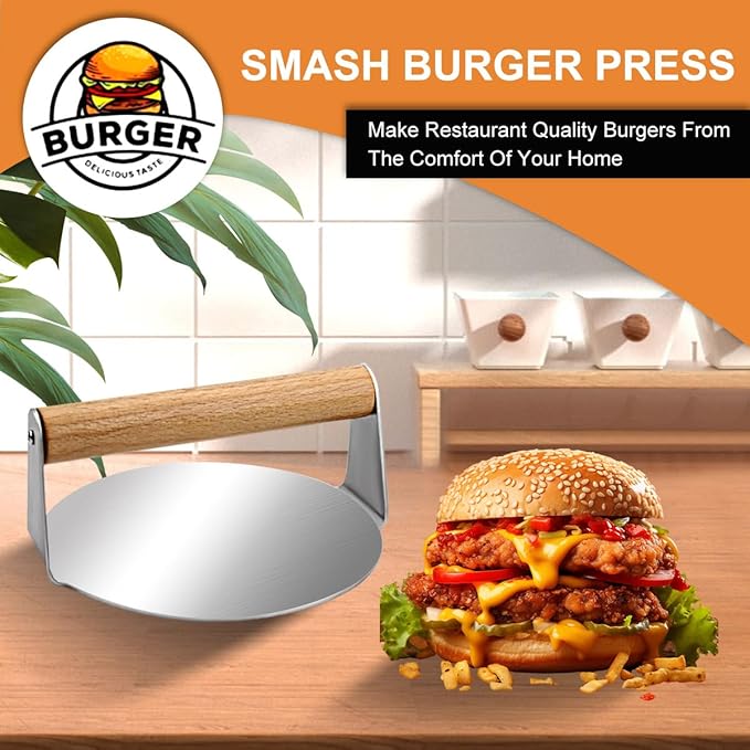 Burger Press Round Stainless, Wood & Anti - Scald Handles (Round)
