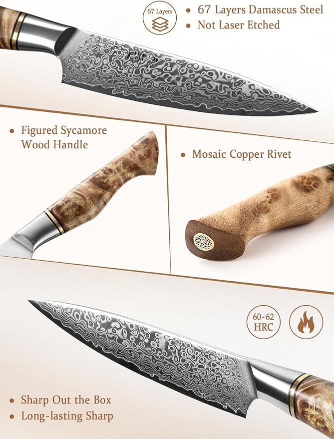 HEZHEN 5 inch Utility Knife with Razor Sharp- Damascus Steel with Rose Pattern Multifunctional VG10 Professional Paring-Fruit knife- Master Series Ergonomic Figured Sycamore Wood Handle