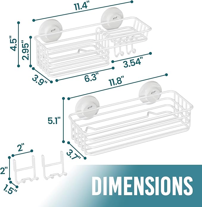 TAILI Shower Caddy Suction Cup 2 Pack with Hooks & Soap Holder, Heavy Duty Shower Organizer for Bathroom, No Drilling Bathroom Organizer with Large Capacity, Metal Storage Basket-White
