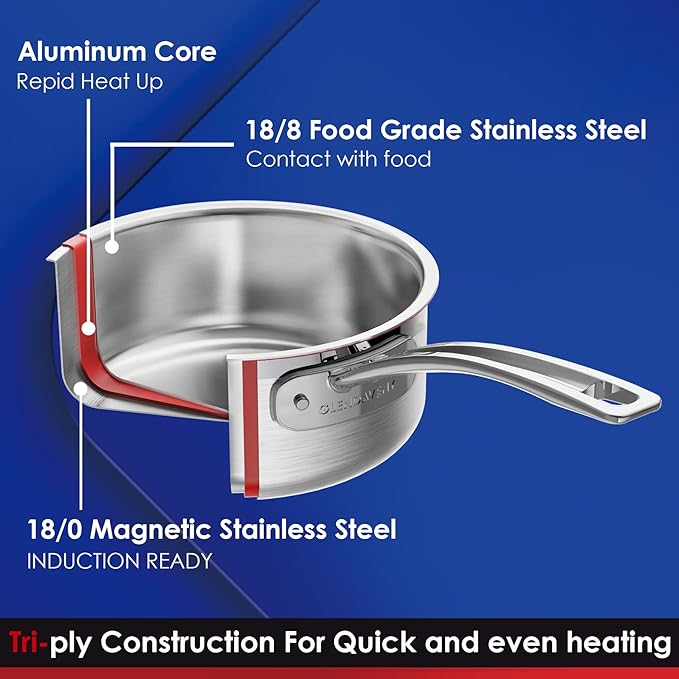 Stainless Steel Saucepan with Lid, Triple Ply 1.5 Quart Sauce pan with Cover Induction Cooking Sauce Pot Perfect for Making Sauces, Reheating Soups, Stocks, Cooking Grains - Dishwasher Safe Oven Safe