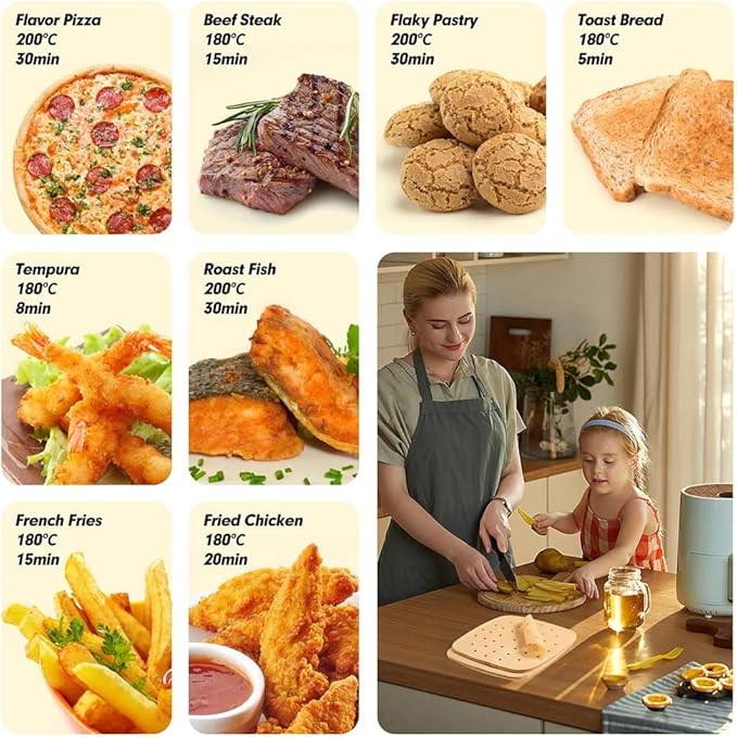 200PCS Parchment Paper, 9 Inch Square Air Fryer Liner, Filter Paper, (100 Perforated & 100 Imperforate), Non-Stick Baking Paper for Steamers, Cake Pan