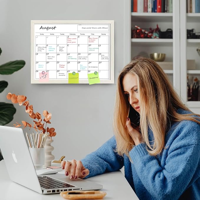 Calendar Whiteboard for Wall, 17x13 Inches Dry Erase Calendar for Wall, Small Magnetic Monthly White Board with Wood Framed, Hanging Dry Erase Board for Kitchen Home Office School Planner