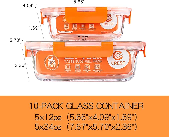 UMEIED 10 Pack Glass Food Storage Containers with Lids Leakproof, Airtight Glass Meal Prep Containers For Lunch, On The Go, Leftover, Dishwasher Safe