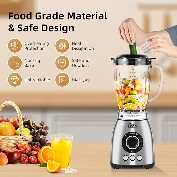 Uten 800 Watt Fast Countertop Blender for Smoothies and Shakes, Ground Coffee Beans, 60 Oz Glass Jar, 18 Speed Levels, 3 Programs Ice Crush, Smoothie, Pulse
