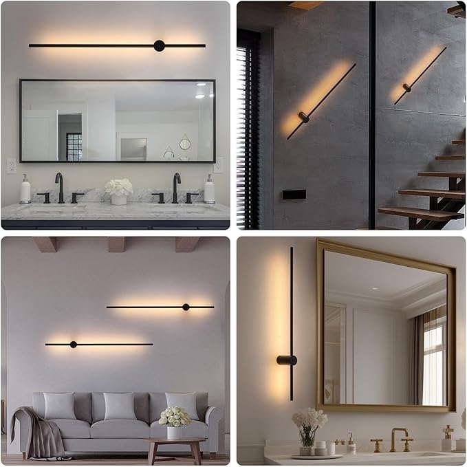 Battery Operated Wall Sconces Set of 2, Rechargeable 6000mAh Wireless Lights with Remote, 360° Rotation Dimmable 3000K-6000K, No Wiring Indoor Lamps for Bedroom Hallway Stairs 40 Inch Black