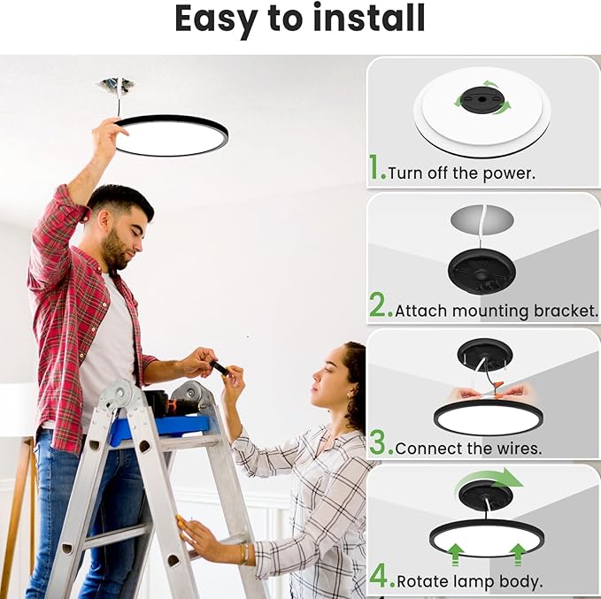 zemty Black Ceiling Light 9 Inch,24W 2400lm Bright LED Flush Mount Light Fixture 3000K/4500K/6000K Adjustable,Thin Flat Ceiling Lamp for Bathroom Closet Pantry Hallway - 2Pack