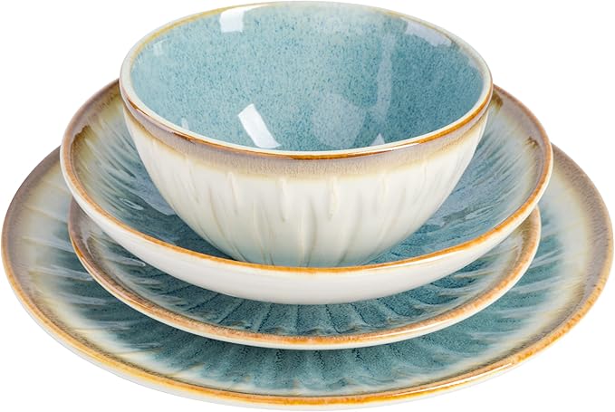 Gibson Elite Mayfair Bay Embossed Double Bowl Dinnerware Set, Service for 4 (16pcs), Blue