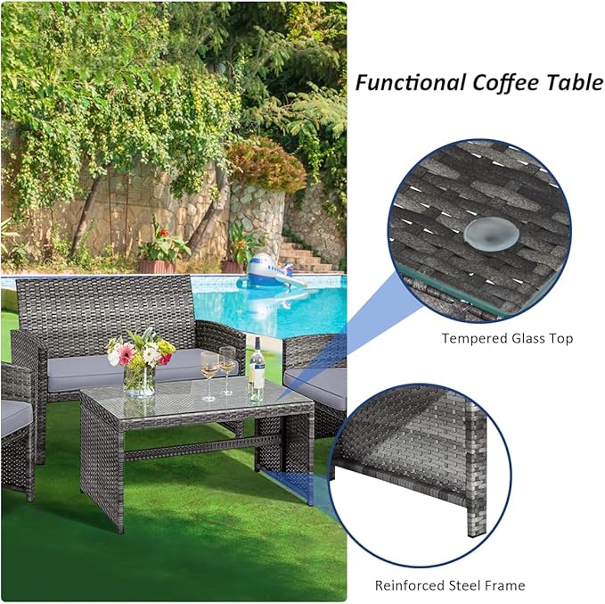 Tangkula 8 Pieces Patio Wicker Conversation Furniture Set, Patiojoy Sofa & Table Set w/4 Seats, Outdoor Rattan Sofa Set for Balcony Backyard, Wicker Chair Set with Tempered Glass Coffee Table