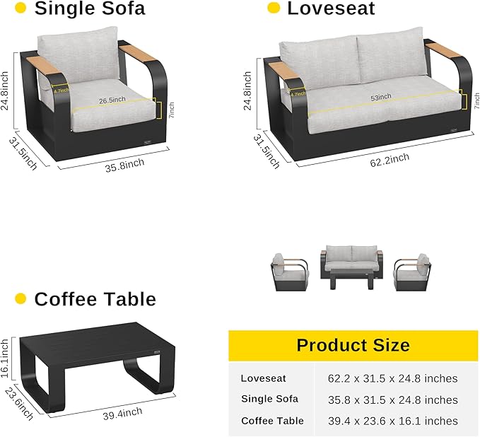 EAST OAK 4-Piece Patio Furniture Set, Modern Outdoor Conversation Set with Aluminum Frame, Deep Seating Loveseat & Coffee Table, All-Weather Patio Sofa Set for Porch, Balcony, Backyard - Dark Grey
