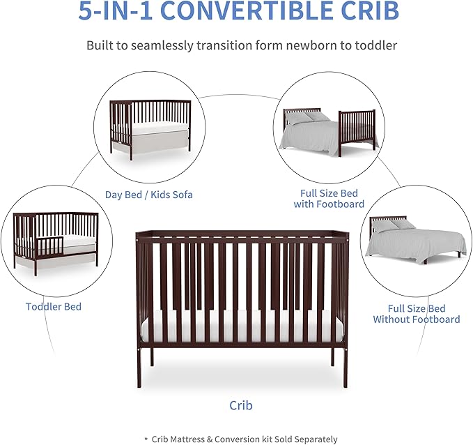 Baby Crib 5-in-1 Convertible, Wooden Nursery Cribs Converts to Toddler Bed, Daybed and Full Size Bed, 3 Adjustable Base, Non-Toxic Finish (Espresso)