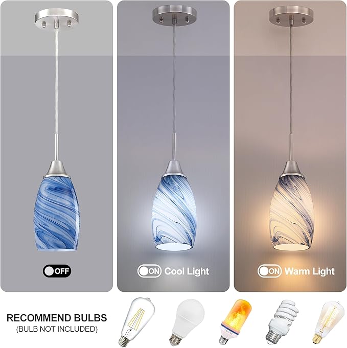 Glass Pendant Light with Handblown Dark Blue Marble Art Glass Shade Ceiling Light 3-Pack Mini Hanging Pendant Light for Kitchen Island,Dining Room,Living,Foyer,Hallway