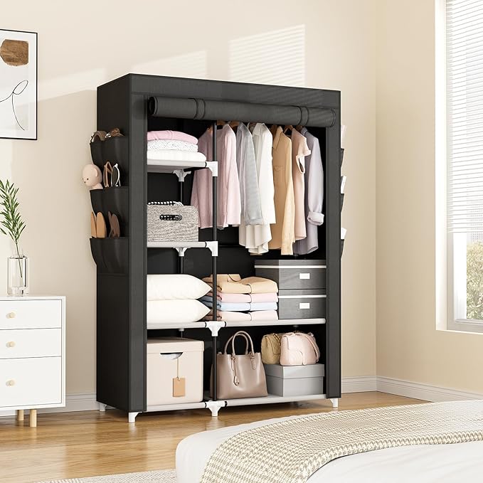 VTRIN Wardrobe Closet, 41.7 Inch Wide Portable Closets for Hanging Clothes with 1 Hanging Rod, 6 Shelves, 6 Pockets, Clothes Rack with Cover Portable Wardrobe Closet for Bedroom, Dorm, Black