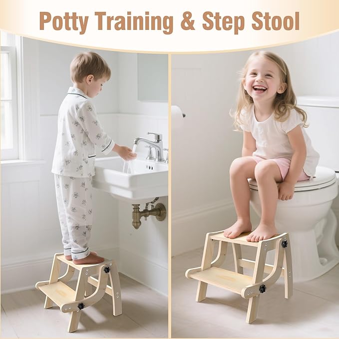 Toddler Step Stool, 2 in 1 Folding Step Stool for Kids, Toddler Stool for Bathroom Sink & Potty Training, Wooden Step Stools w Non Slip Base for Kitchen, Bedroom, Turns into Kids Chair