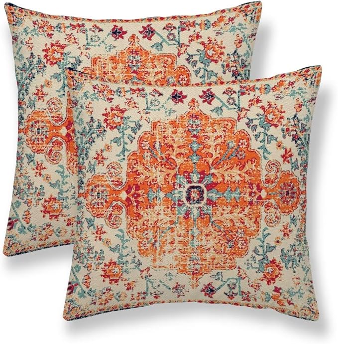 Boho Throw Pillow Covers 20 x 20 Set of 2, Orange Blue Carpet Pattern Pillow Covers Ethnic Design Rustic Farmhouse Cushion Cases Linen Decorative Gifts for Couch Sofa Indoor Outdoor