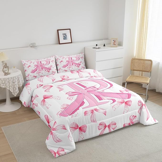 jejeloiu Kids Girls Cute Pink Bow Comforter Set Full Size Monogrammed Bedding Set Ultra Soft Personalized Initial P Duvet Quilt Coquette Bow Knot Quilt Set Room Decor Modern Fashion Comforter