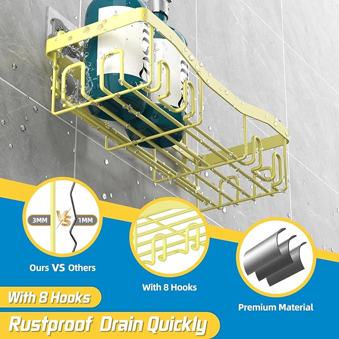 Adhesive Shower Caddy, No Drilling Bath Organizers 5 Pack, Rustproof Shelves with Soap Holder & Toothbrush Holder, Bathroom Organizers and Storage, Yellow