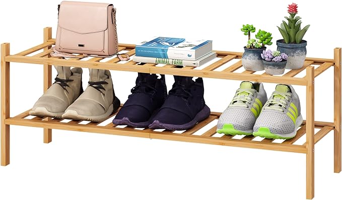 2-Tier Long Shoe Rack for Entryway, Black Bamboo Wood Shoe Rack for Closet & Hallway, Long 33IN | Beautiful | Functional | Sturdy | Durable
