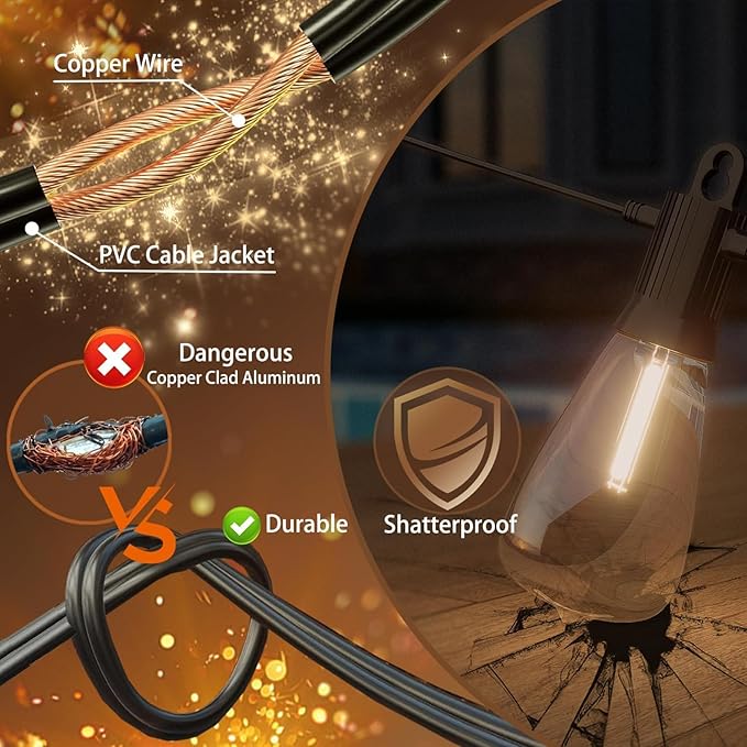 Outdoor String Lights 100 ft, LED Patio Lights with 52（50+2 Spare ST38 Shatterproof Bulbs, IP 65 Waterproof, Outside Hanging Light for Cafe Bistro Backyard