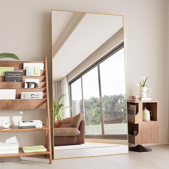 FANYUSHOW Full Length Mirror with Stand, 76"x34" Aluminum Alloy Frame Floor Mirror, Shatter-Proof Glass Free Standing, Leaning Against Wall or Wall-Mounted, for Bedroom Living Room Dressing Room Gold