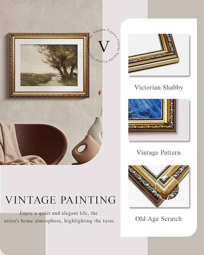 VIYYIEA Gold Framed Wall Art Canvas Print Home Decor Vintage Countryside Road Wall Pictures Aesthetic Room Decor Landscape Oil Painting Prints Wall Decor for Living Room Office Bedroom 13x16in