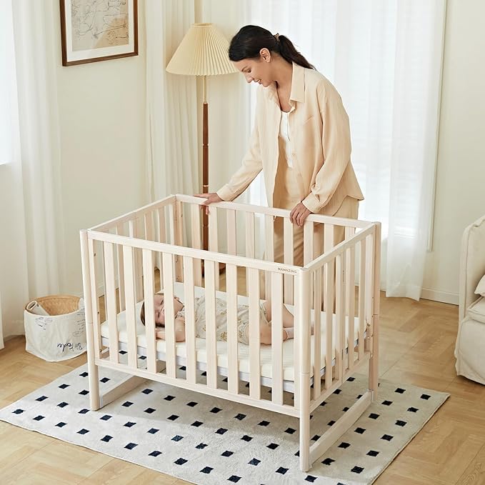 EvoNook 6-in-1 Convertible Mini Crib, 100% New Zealand Wood, 4 Adjustable Mattress Heights, Crib with Mattress, Washed Natural