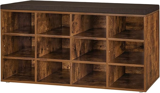 DINZI LVJ Shoe Storage Bench with Cushion, Cubby Shoe Rack with 12 Cubbies, Adjustable Shelves, Multifunctional Shoe Organizer Bench for Entryway, Mudroom, Hallway, Closet and Garage, Rustic Brown