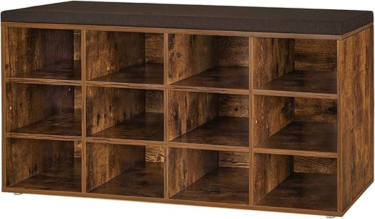 DINZI LVJ Shoe Storage Bench with Cushion, Cubby Shoe Rack with 12 Cubbies, Adjustable Shelves, Multifunctional Shoe Organizer Bench for Entryway, Mudroom, Hallway, Closet and Garage, Rustic Brown