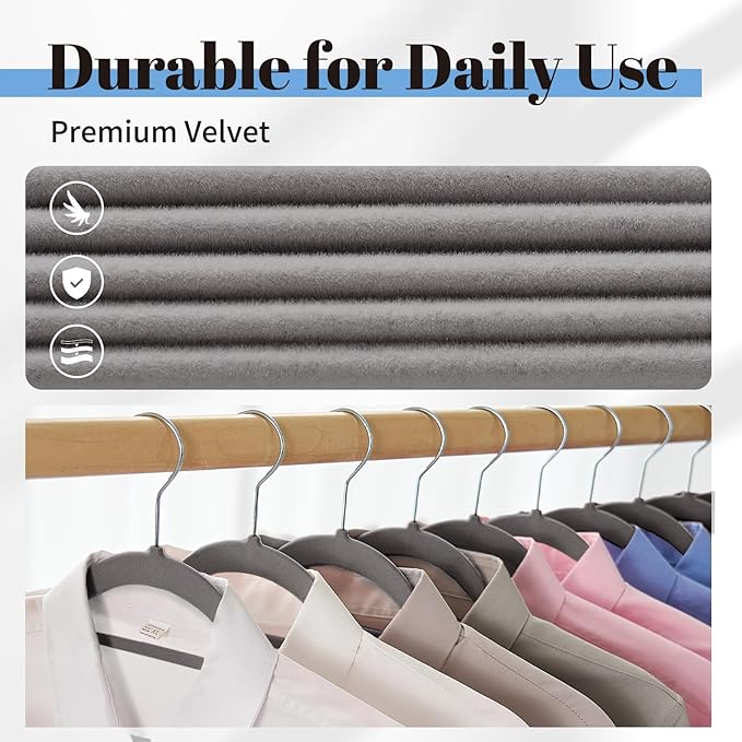 Smartor Grey Velvet Hangers 20 Pack, Space Saving Clothes Hangers with Tie Bar, Non-Slip Felt Hangers with Shoulder Notches, Heavy Duty Suit Hangers for Coat, Shirt, Pants, Dress