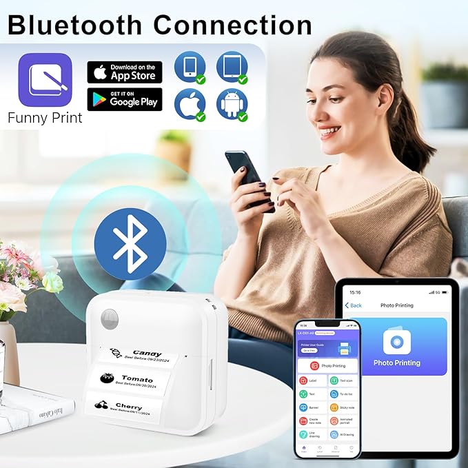 Label Maker Machine with Tape - Thermal Label Printer Bluetooth Label Maker Machine, Mini Printer Sticker Maker for Home, Kitchen, School, Office Organization (White)