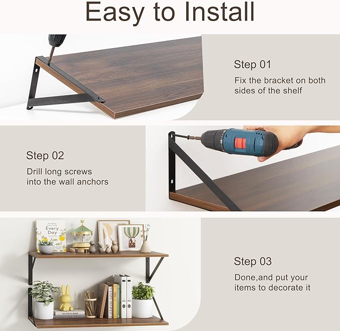 Deep Walnut Floating Shelves for Wall, 24"W x 10"D Wall Shelves Set of 2, 10 Inch Deep Floating Shelf with Brackets, Wide Display & Storage Shelves for Books, Living Room, Kitchen, Bathroom