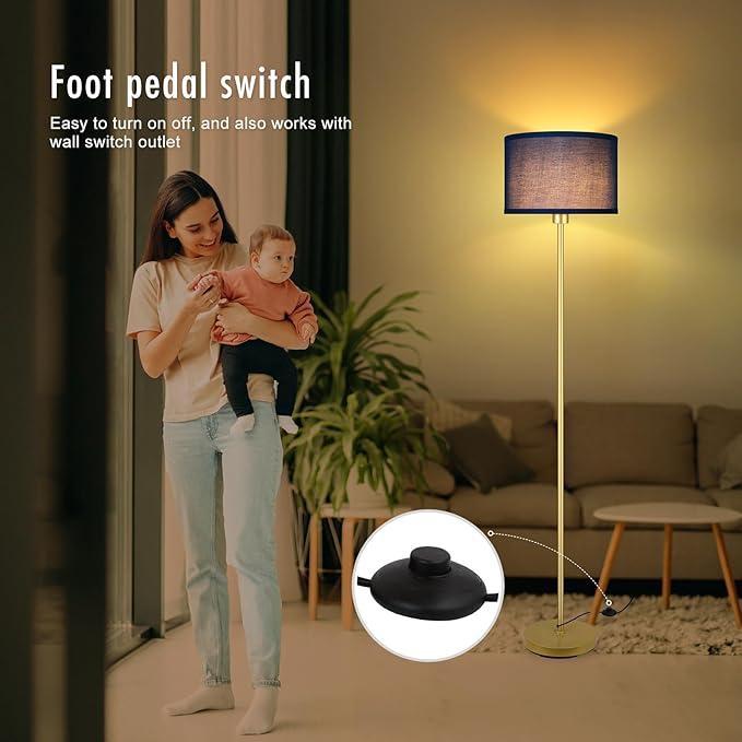 Floor Lamp Blue, Standing Lamp, 58" Tall Floor Lamp with Lampshade, Foot Pedal Switch, Modern Simple Floor Lamps for Living Room/Bedroom/Den/Classroom, Gold Lamp for Boys' Gift(Without Bulb)