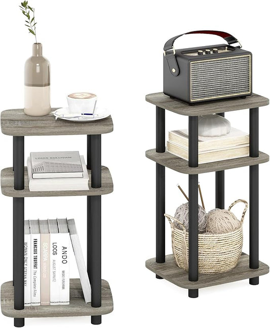 Furinno Just 3-Tier Turn-N-Tube Curve End Table, Side Table, 2-Pack, French Oak/Black