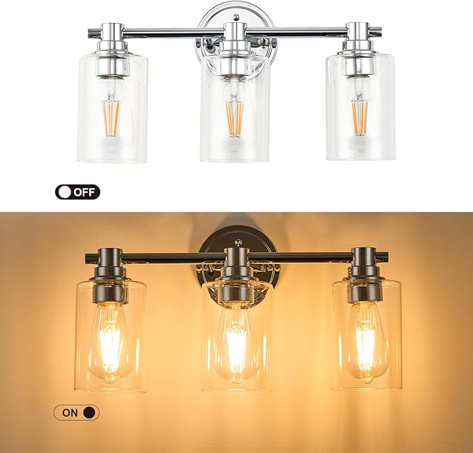 Bathroom Light Fixtures Wall Sconce Light with Clear Glass Chrome 3 Lights Bathroom Lighting Over Mirror Vanity Lights for Living Room,Bedroom,Restroom,Hallway E26 Base