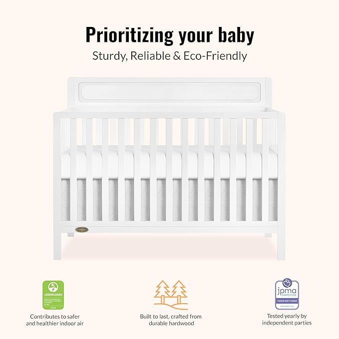 Dream On Me Avery 5-in-1 Convertible Full-Size Baby Crib in White, GreenGuard Gold & JPMA, 3 Mattress Heights, Converts to Toddler, Day & Full-Size Bed, Create a Safe and Baby-Friendly Nursery