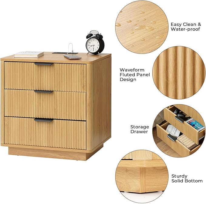 HOMMPA 24'' Fluted Nightstand with Charging Station Set of 2, Modern Bedside Table with Storage, 3 Drawer End Table, Wooden Bedside End Table for Bedroom, Living Room, Curved Profile Design