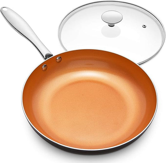MICHELANGELO 10 Inch Copper Nonstick Frying Pan with Lid, Scratch Resistant Ceramic Coating, Oven and Dishwasher Safe