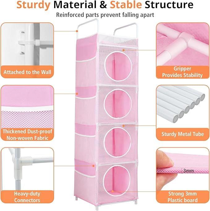 Stuffed Animal Storage, 5 Tier - 8 Side Pockets Toy Storage Organizer, 63.8" Space-Saving Corner Storage for Kids' Bedroom & Playroom, Pink