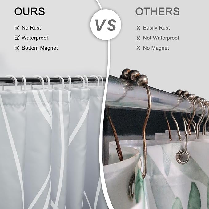 Punkray Ombre Grey Shower Curtain for Bathroom with Hooks, White Shower Curtain Set, Stripe Bath Curtains Decorative Shower Curtains Water Repellent Washable, 72 x 72