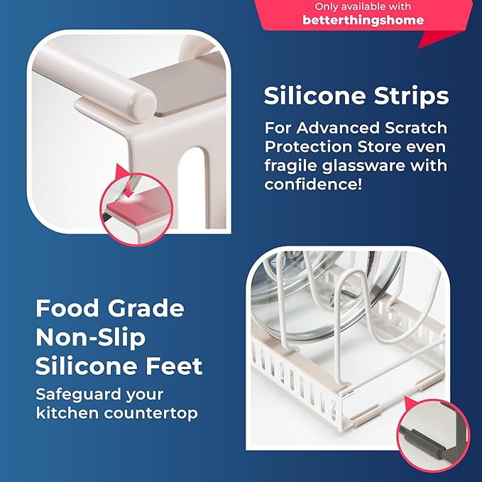 14 Compartments, 1 Large x 1 Compact Dual Rack Set - Pot and Pan Organizer Rack for Cabinet – Pot Lid Organizer for Kitchen Under Sink Drawer Pantry (White Sand, DUO SET)