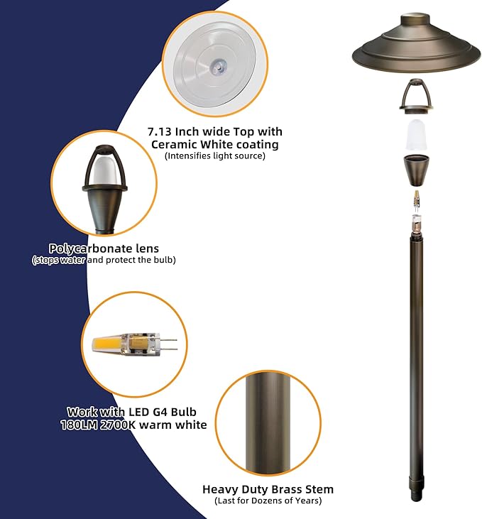 Solid Cast Brass Pathway Lights, 12V Low Voltage Landscape Lighting LED Path Lights with G4 Bulb for Outdoor Walkway, Garden, 23" Tall, 7.5" Shade