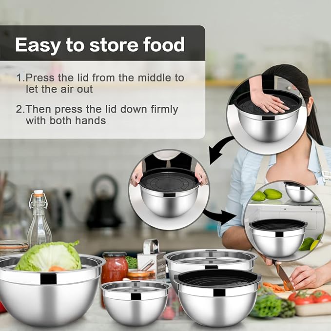 E-far Stainless Steel Mixing Bowls with Airtight Lids, 7-Piece Metal Nesting Bowls with Black Lids for Saving Storage Space, Size 7, 4.6, 3, 2, 1.5, 1, 0.7QT, Great for Baking/Cooking/Prepping