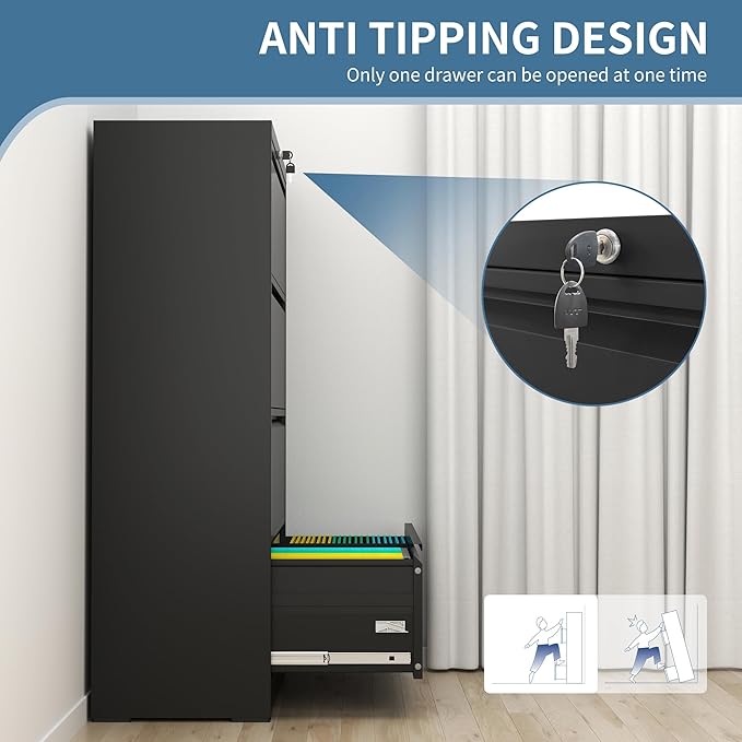 AQY 4 Drawer File Cabinet with Lock,Metal Lateral File Cabinets for Home Office,Steel Wide Filing Organization Storage Cabinets for Hanging Files Letter/Legal/F4/A4 Size Assembly Required(Black)