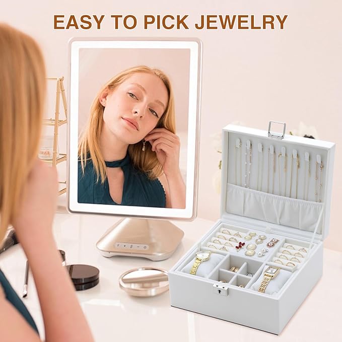 Jewelry Organizer Box for Girls Women,Large Genuine Leather Jewelry Organizers and Storage with Earring Holder Organizer Removable Velvet Jewelry Tray,Christmas Gifts Jewelry Box for Girls 8-12,White