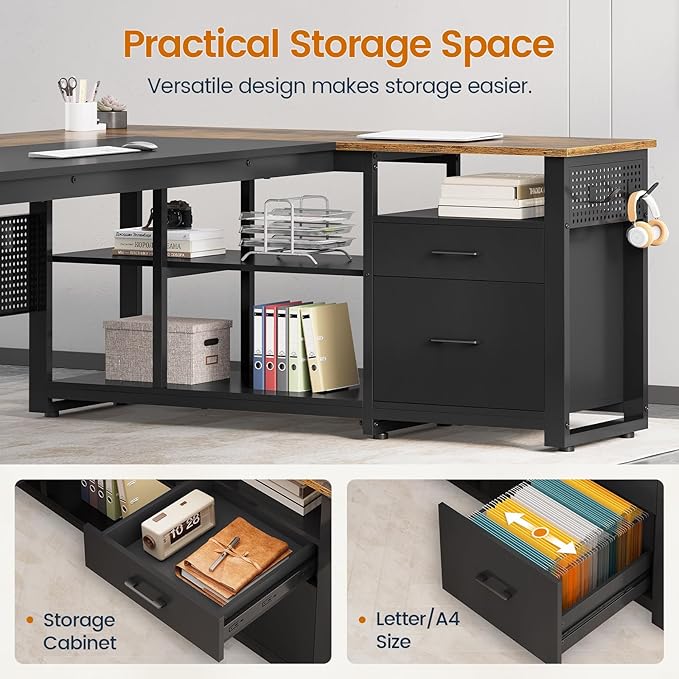 71 in Executive Desk with Power Outlets, Reversible L Shaped Desk with File Drawers & Storage Shelves, Large Office Desk Computer Desk with Pegboard, Mobile CPU Stand, Modern Corner Desk