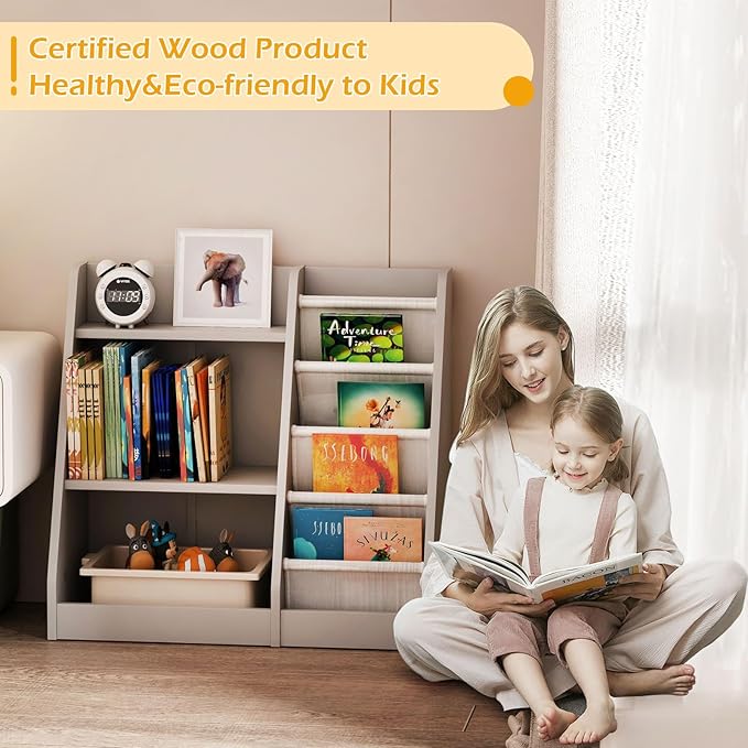 Gray Nursery Bookshelf for Kids 3 Tier Wood Shelf 4 Sling Baby Toddler Bookcase Book Rack with Adjustable Shelf for Boy Girl’s Gift Bedroom Playroom Nursery Classroom Church Kindergarten