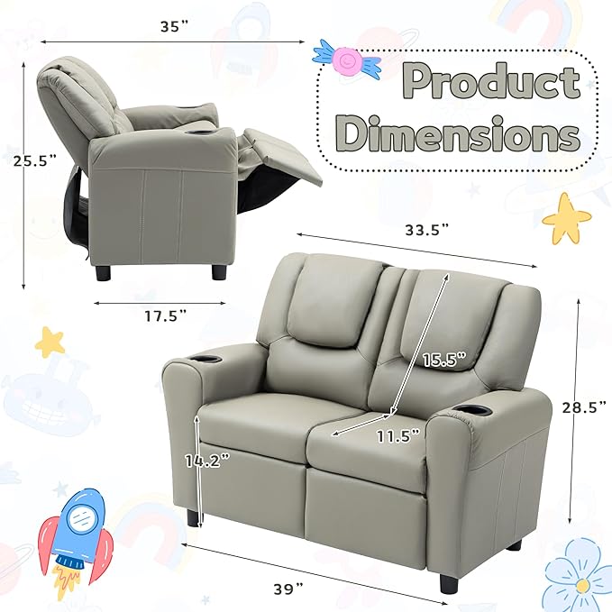 AVAWING Double Toddler Recliner Chair, Kids Couch with Cup Holders, Faux Leather Kids Recliner, Loveseat Sofa w/Adjustable Footrest & Headrest for Boys and Girls Age 1-4, Grey