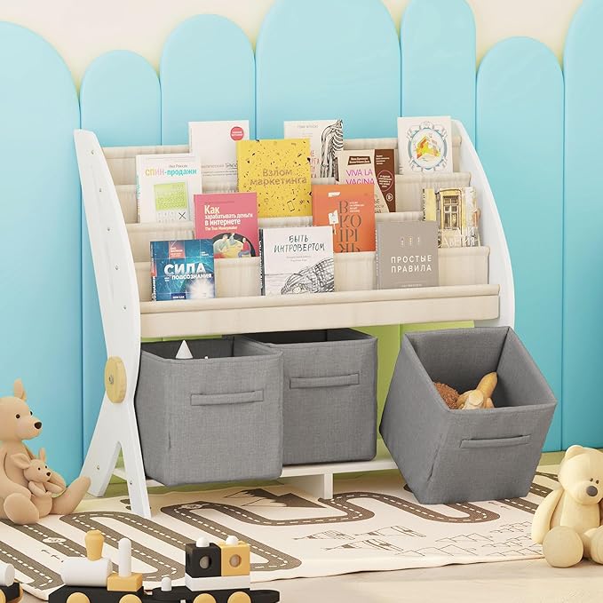 Kids Bookshelf Small 4 Sling Wood Book Rack Kids Room Bookcase Display Stand with 3 Toy Storage Organizer Cube Bins Children Toddler Baby Gift Boys Girls Bedroom Playroom Nursery