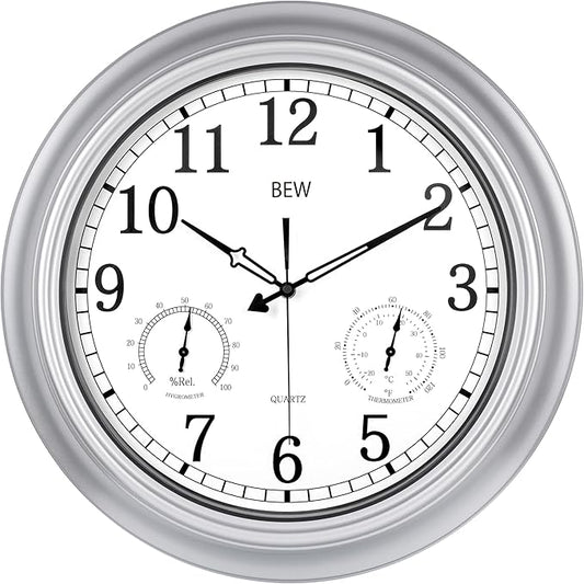 BEW Outdoor Clock for Patio, 18 Inch Large Outdoor Clocks Waterproof Weatherproof with Thermometer & Hygrometer Combo, Easy-to-Read Outside Wall Clock for Fence, Garden, Poolside, Backyard-Silver