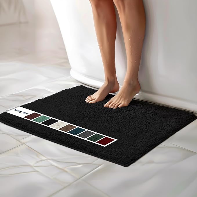 Muddy Mat Chenille Bathroom Rugs Quick Dry Microfiber Mats Non Slip Washable, Extra Thick, Soft and Highly Absorbent Bath Mats for Bathroom, Kitchen, and Shower Floor - Black Large 35"X24"