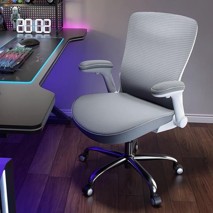 Ergonomic Office Chair-Computer PU Leather X-Shaped Desk Chair-Gaming Chair with Adjustable Flip-up Armrests Lumbar Support Mesh Executive Chair for Long Hours Office (White-Grey)